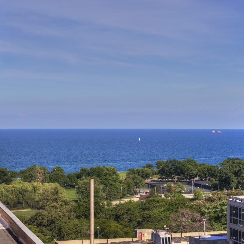 View of park and tress with Lake Michigan in the background