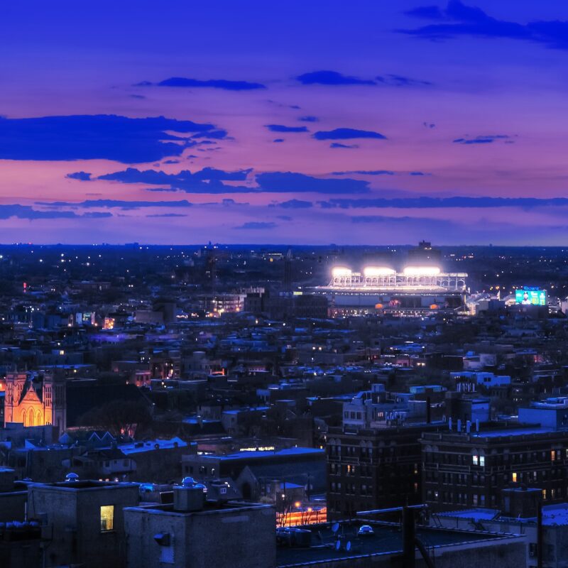 Goregous sunset view of Wrigley Field at night