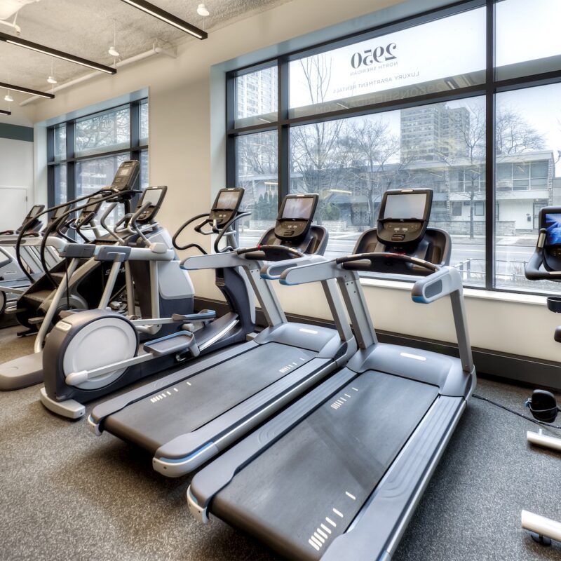 Cardio section of the 2950 N Sheridan fitness center with three treadmills, a bike, and elliptical machines